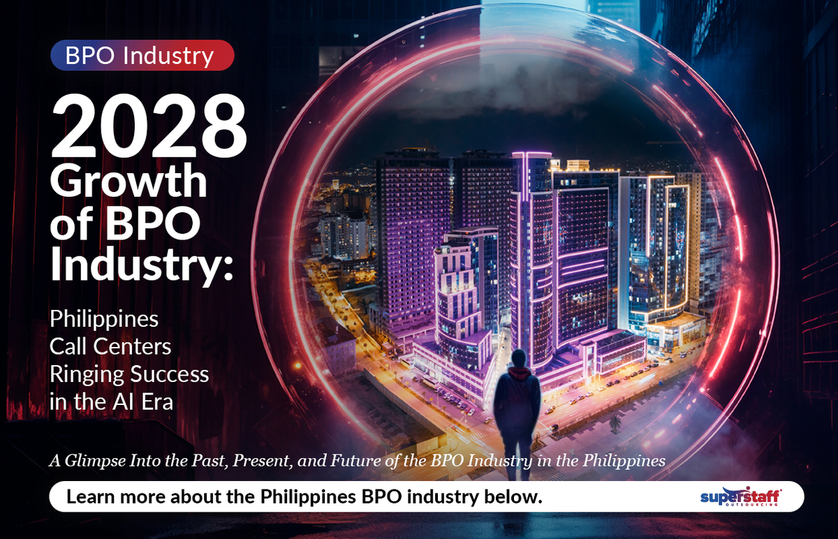 A man looks on a modern building. Image caption reads: 2028 Growth of Philippine BPO Industry