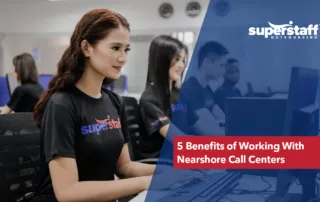 Customer support agents are working inside a nearshore call center.