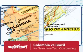 A side by side map of Colombia and Rio de Janeiro to illustrate the topic on Colombia vs Brazil for Nearshore Tech Outsourcing.