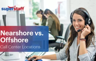 There is a female call center agent agent smiling. The image has the text Nearshore vs. Offshore.