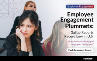 A disengaged employee cups her chin as she looks on. Image caption reads: Employee Engagement Plummets