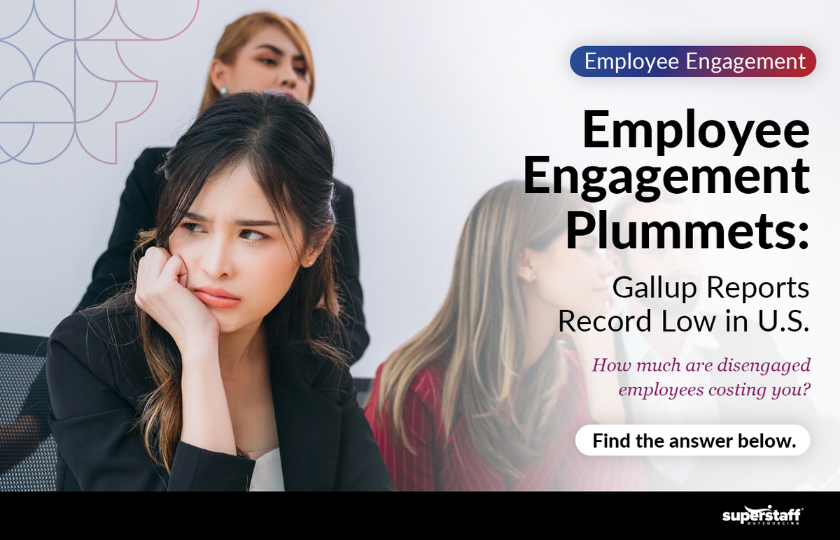 A disengaged employee cups her chin as she looks on. Image caption reads: Employee Engagement Plummets