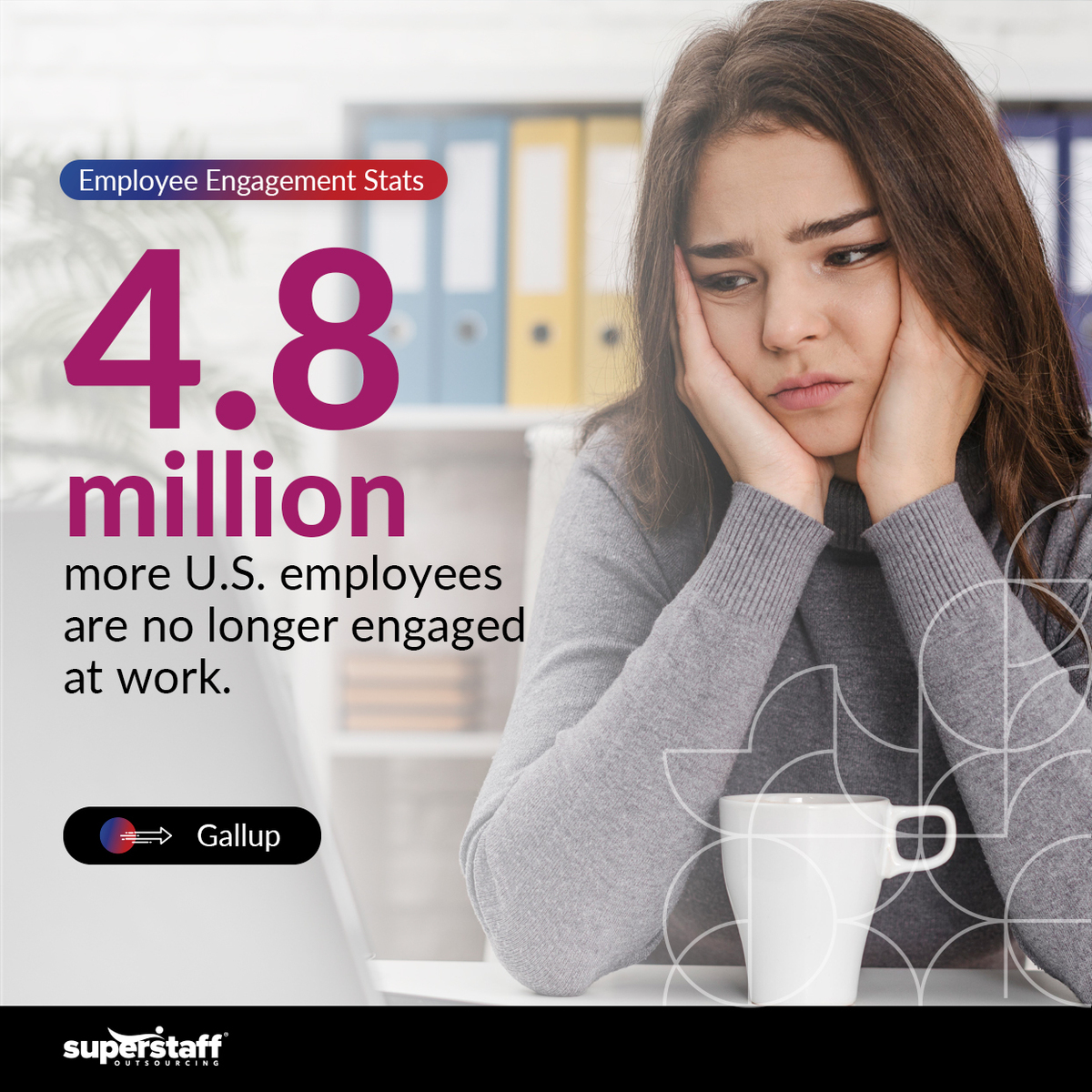 A frustrated employee looks on. Image caption reads, 4.8 million are now not engaged at work.