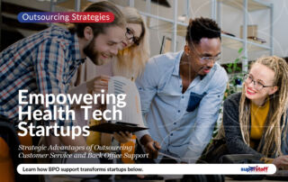 Tech CEOs work together on a project. Image caption reads: Empowering Health Tech Startups.