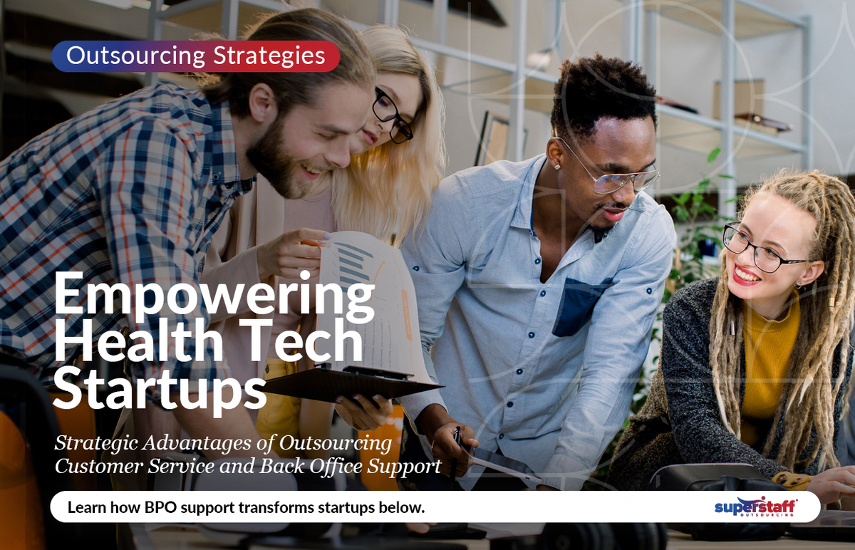 Tech CEOs work together on a project. Image caption reads: Empowering Health Tech Startups.