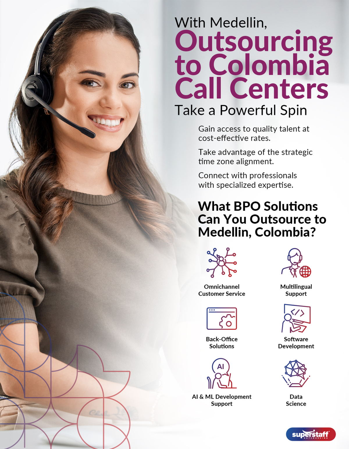 A mini infographic shows benefits of outsourcing to call centers in Medellin, Colombia.