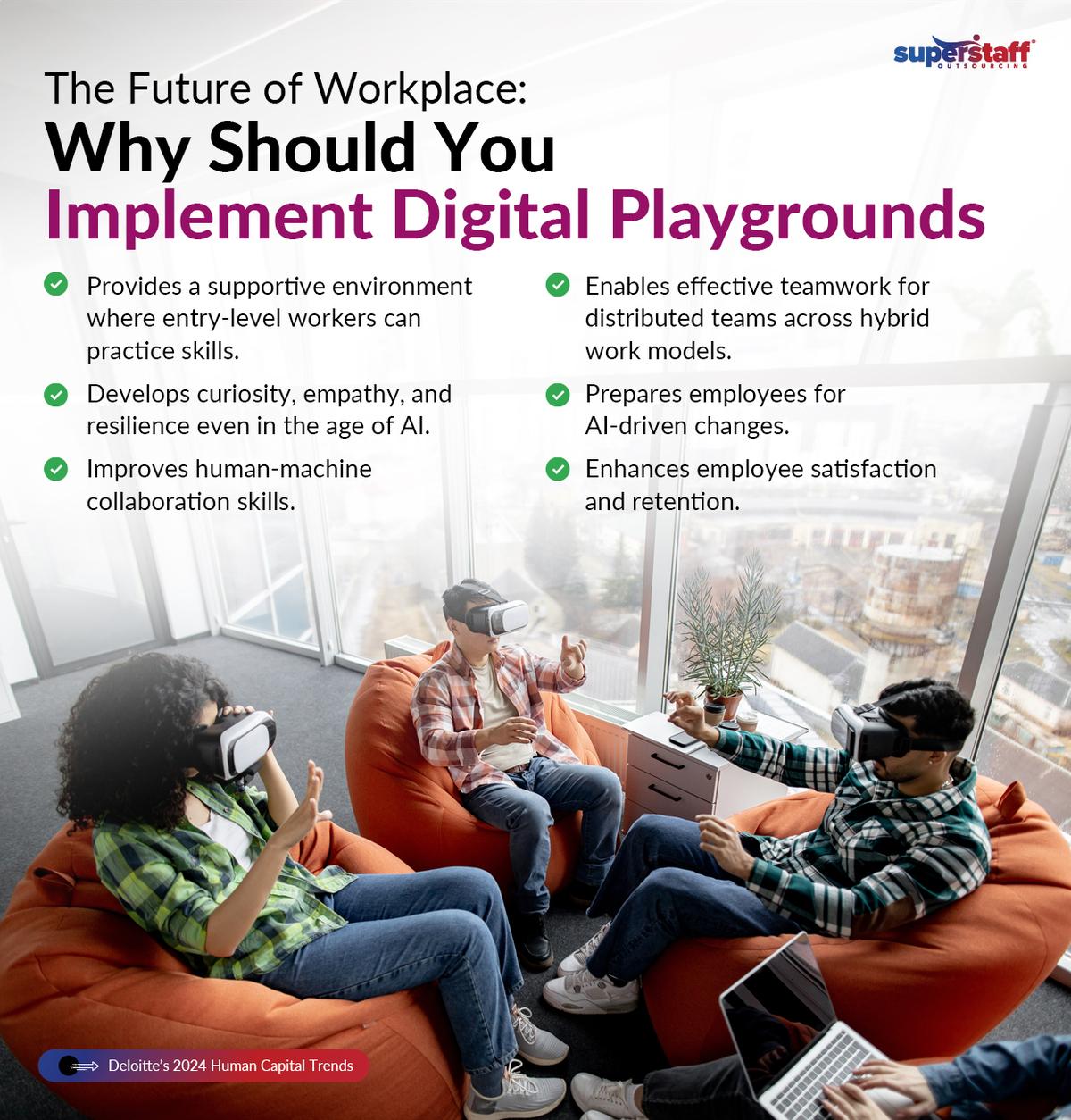 Three employees play with virtual reality gadgets. Image caption reads: Why Should You Implement Digital Playgrounds