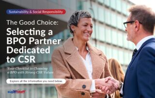 Two executives joined hands while smiling at each other. Image caption reads: How to Choose a BPO partner Dedicated to CSR