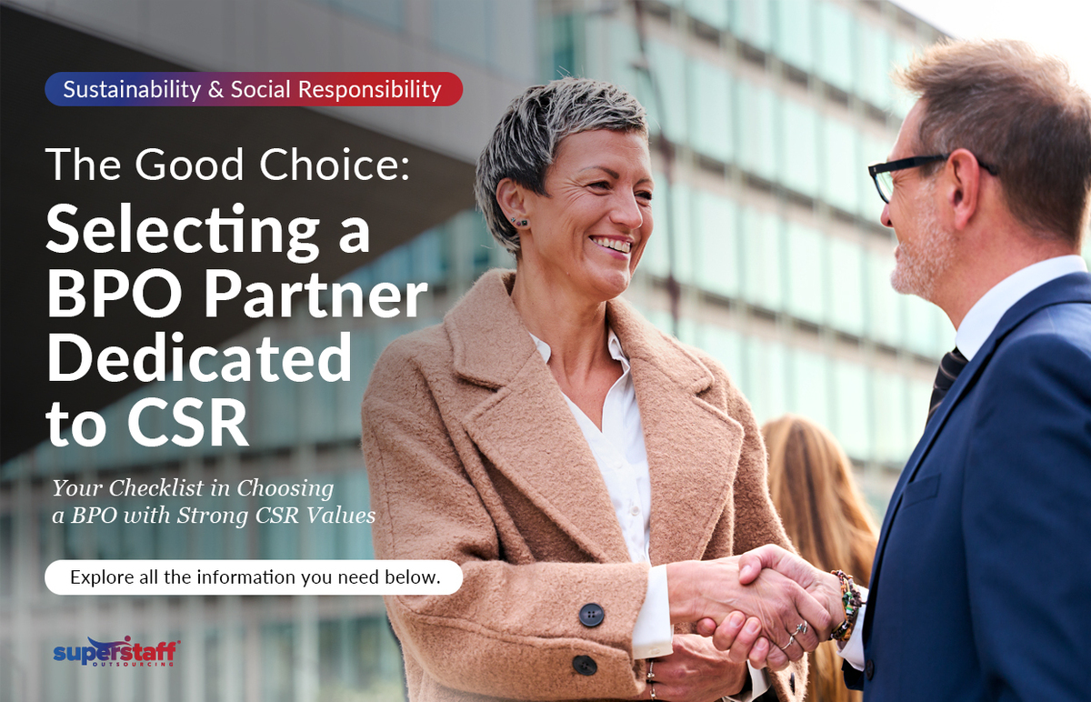 Two executives joined hands while smiling at each other. Image caption reads: How to Choose a BPO partner Dedicated to CSR