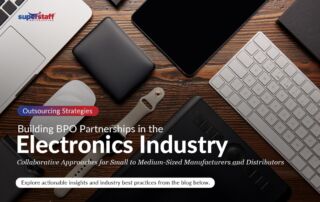 Different gadgets are on the table. Image caption reads: BPO partnerships in the Electronics Industry.