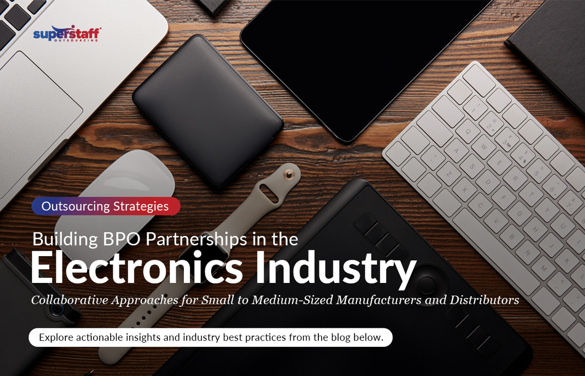 Different gadgets are on the table. Image caption reads: BPO partnerships in the Electronics Industry.