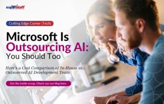 Two AI experts work on their desktop. Image caption reads: Cost Comparison of In-house vs Outsourced AI Development team.