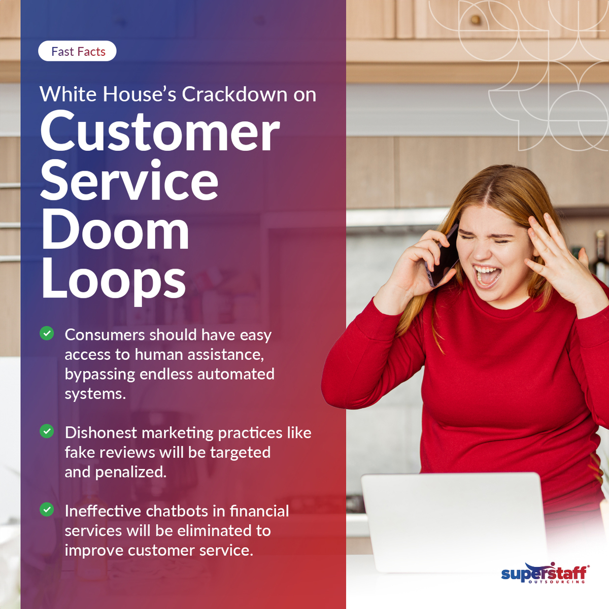 A customer is frustrated while on a call. Image caption reads: Customer Service Doom Loops.