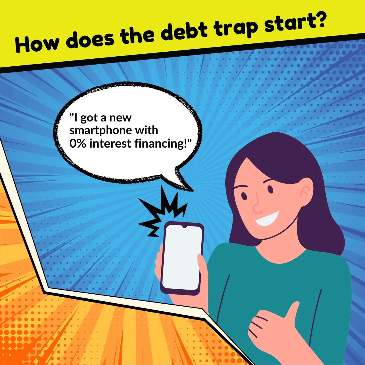 A comic strip on how debt traps begin.