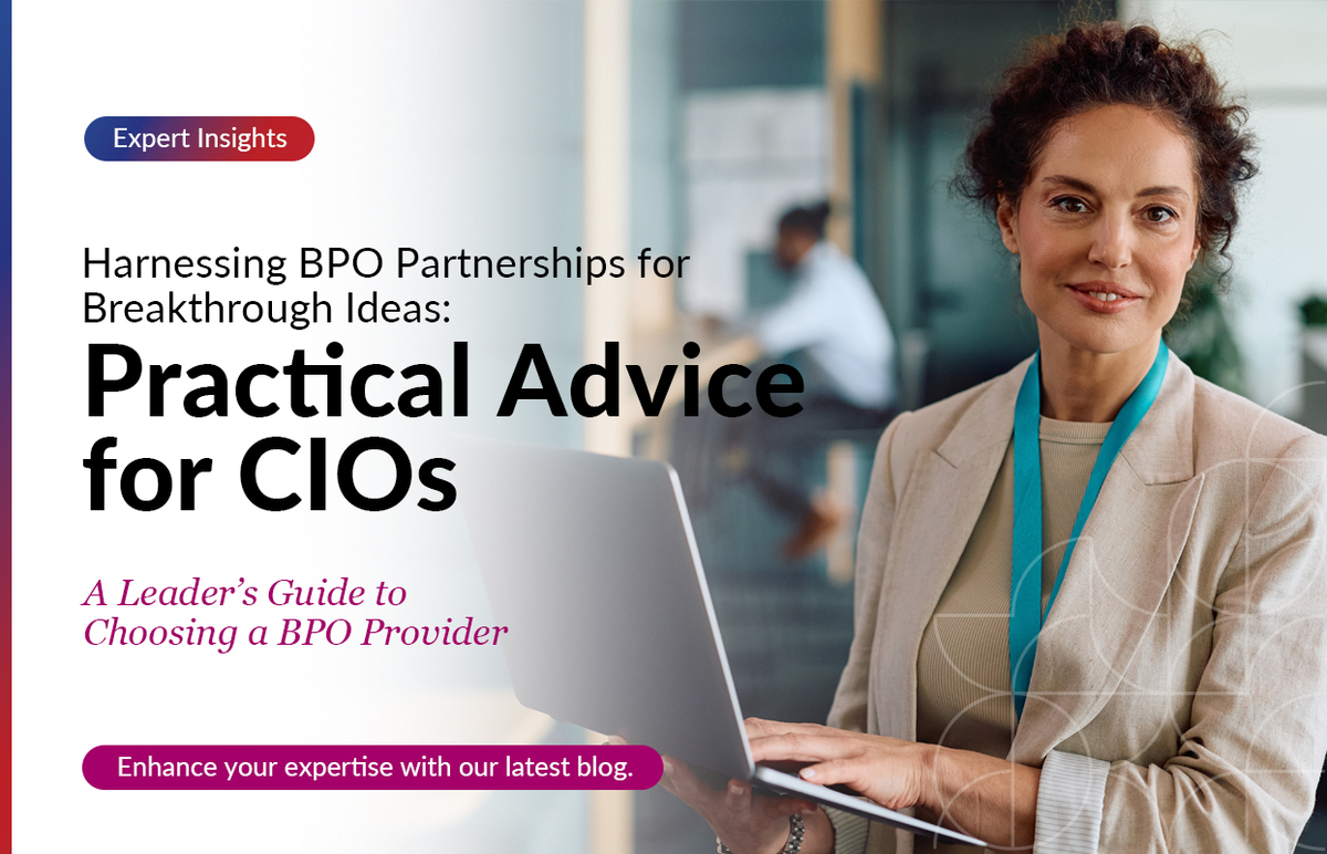 A CIO holds a laptop. Image caption reads: A Leader’s Guide to Choosing a BPO Provider