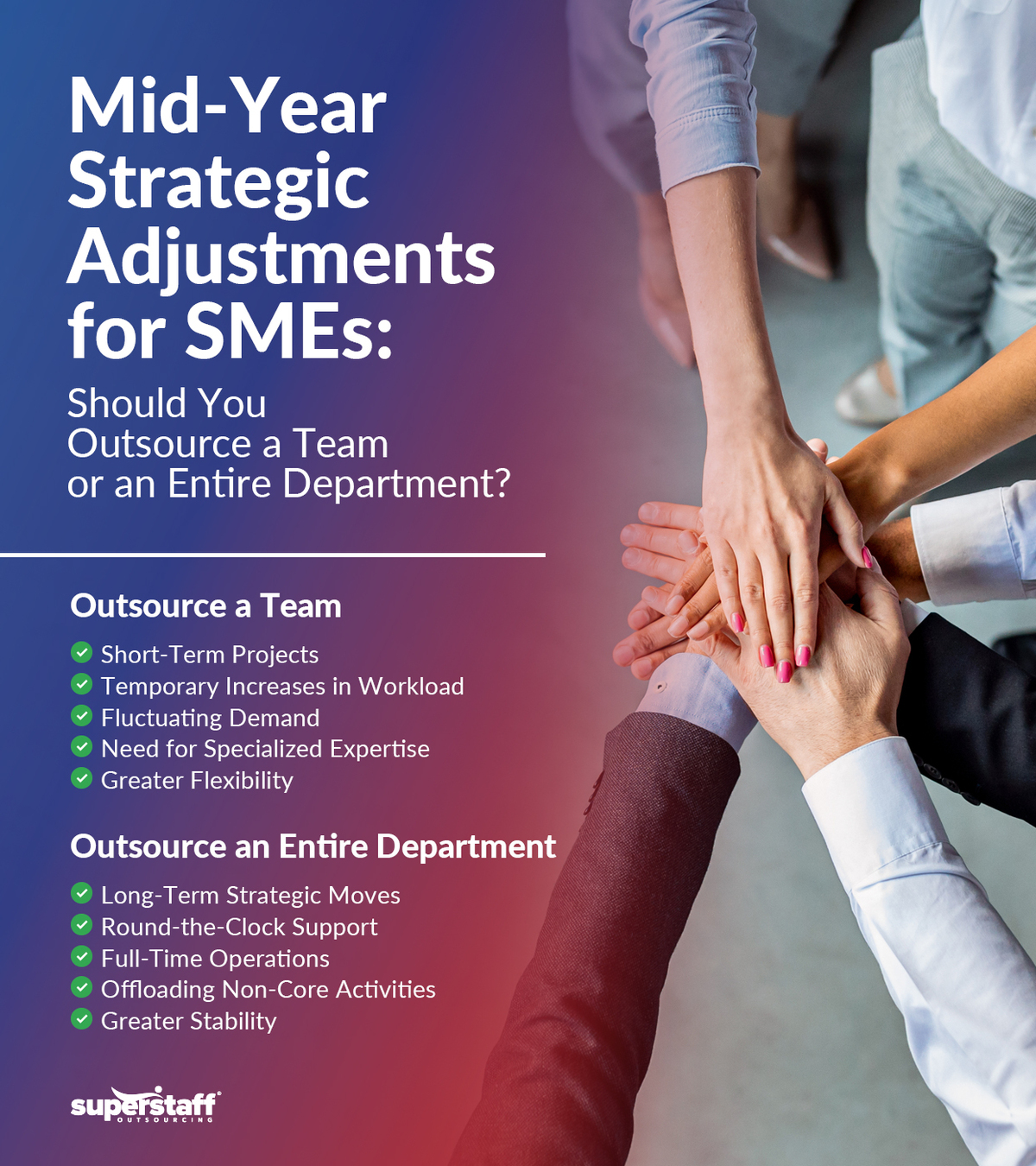 Different team members joined hands together. The infographic shows different points to consider when outsourcing a team or entire department.