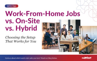 Photos of a team working on a hybrid setup, a guy working in the office, a woman enjoying her work-from-home jobs.