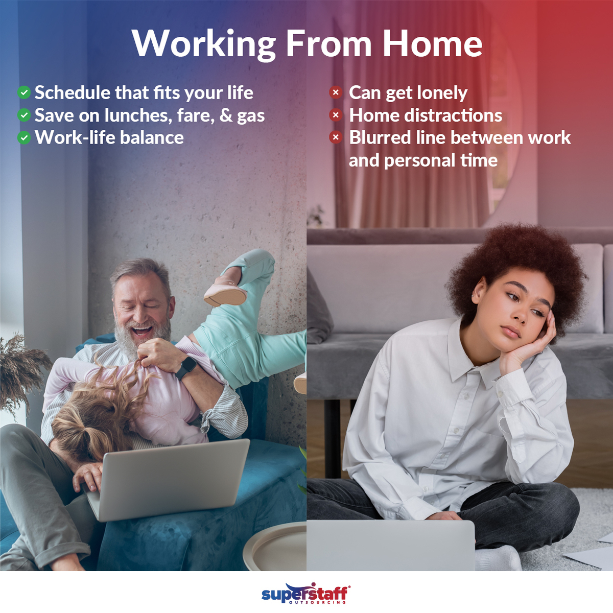 Split image of a father playing with his kid and a young woman bored. Both are working from home.