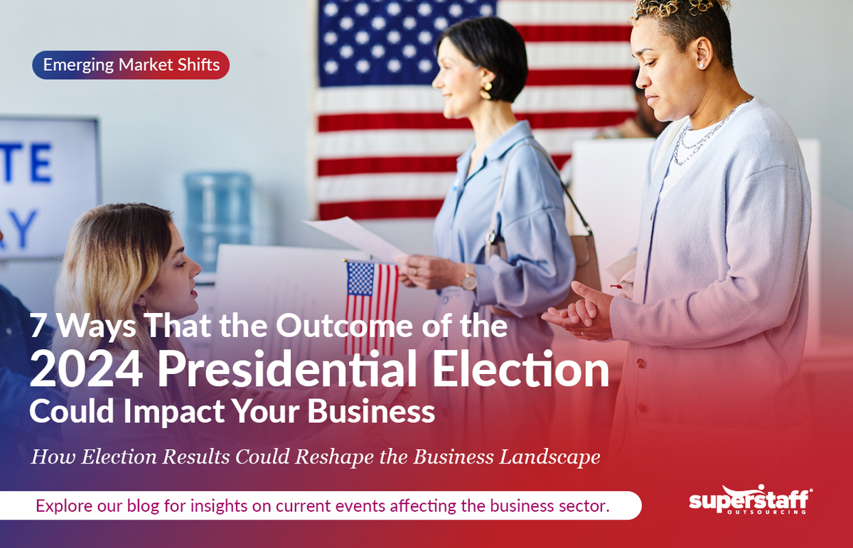 People line up to vote. Image caption reads: 7 ways Outcome of the 2024 Presidential Election Could Impact Your Business.