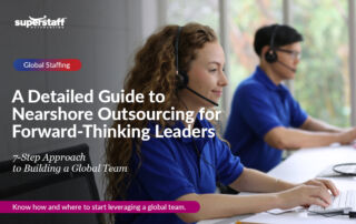 Colombian call center agents are at work. Image caption reads: Deatiled Guide to nearshore Outsourcing for Forward-Thinking Leaders.