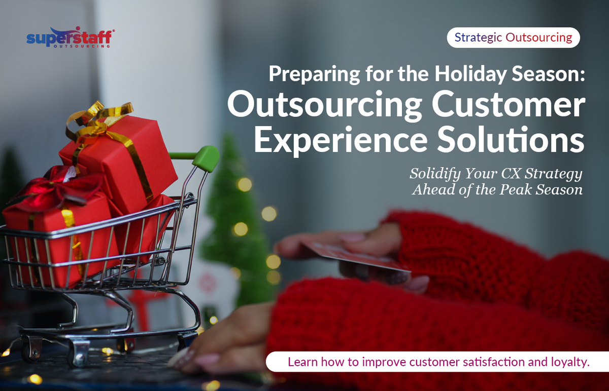 A red Christmas decor of small push cart and small gifts. Image caption reads: Preparing for the Holiday Season: Outsourcing Customer Experience Solutions