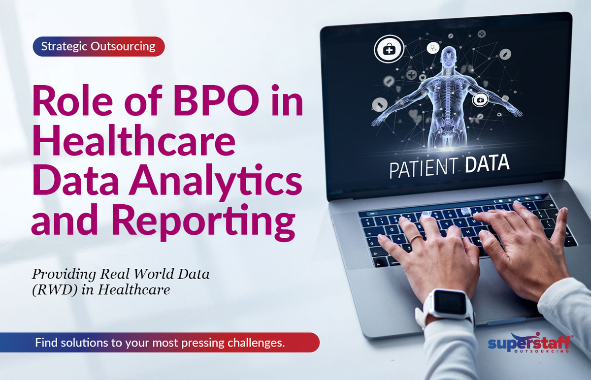 Hands are shown of an executive working on patient's data in a laptop. Image caption reads: Role of BPO in Healthcare Data Analytics and Reporting