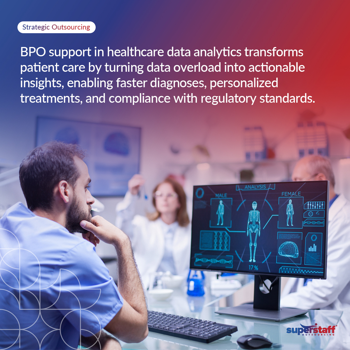 A healthcare professional analyzes patient data in the desk monitor.