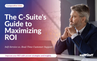 An executive is thinking. Image caption reads: Self-service vs. real-time customer support: A C-Suite's Guide to Maximizing ROI.