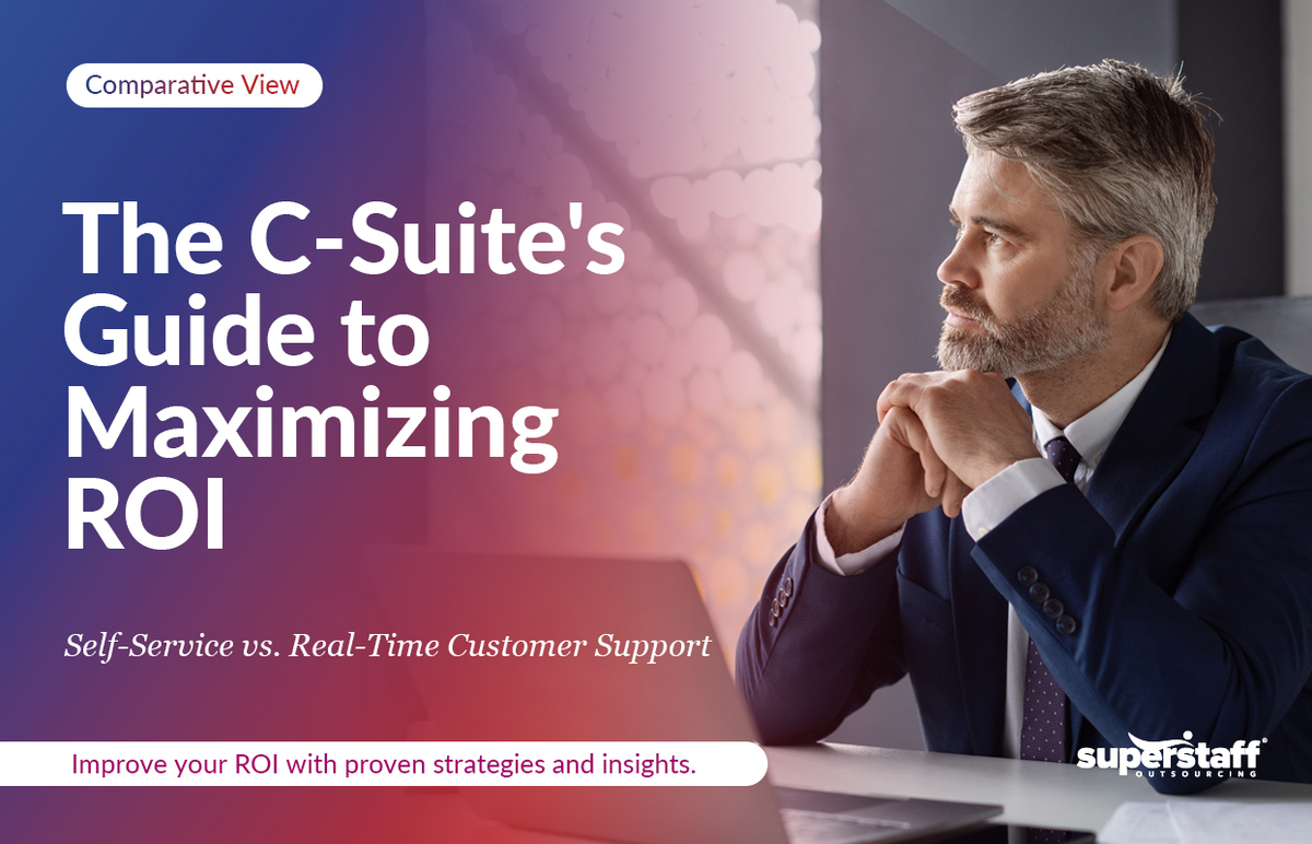 An executive is thinking. Image caption reads: Self-service vs. real-time customer support: A C-Suite's Guide to Maximizing ROI.