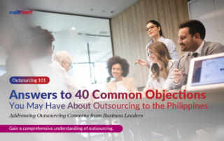 Executives are in a meeting. Image caption reads: Answers to 40 Common Objections You Have About Philippines Outsourcing