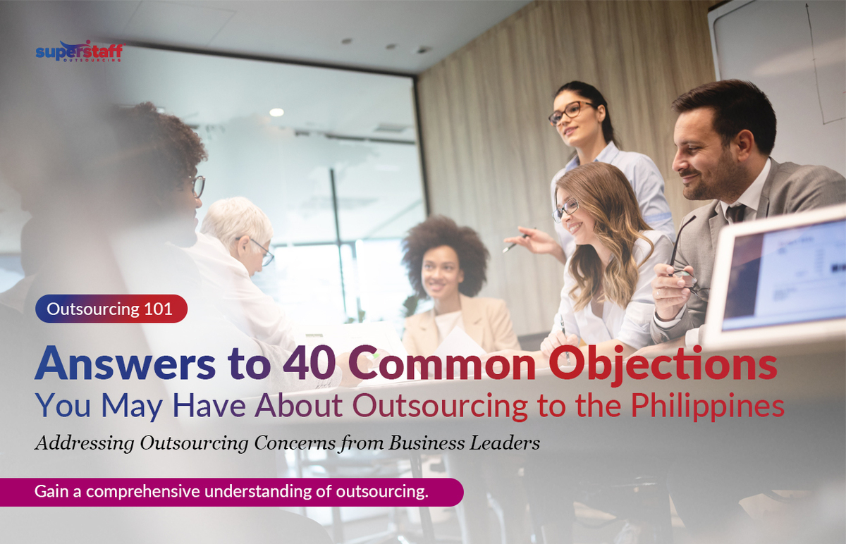 Executives are in a meeting. Image caption reads: Answers to 40 Common Objections You Have About Philippines Outsourcing