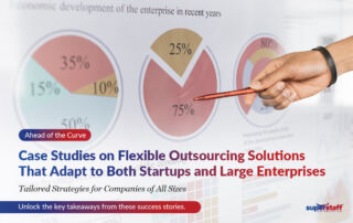 A hand holds a pen, pointing to different pie charts. Image caption reads: Outsourcing Case Studies on Different Company Sizes, From Startups to Enterprises.