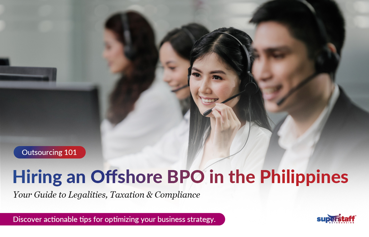 SuperStaff customer service reps attend to calls. Image caption reads: Hiring an Offshore BPO in the Philippines