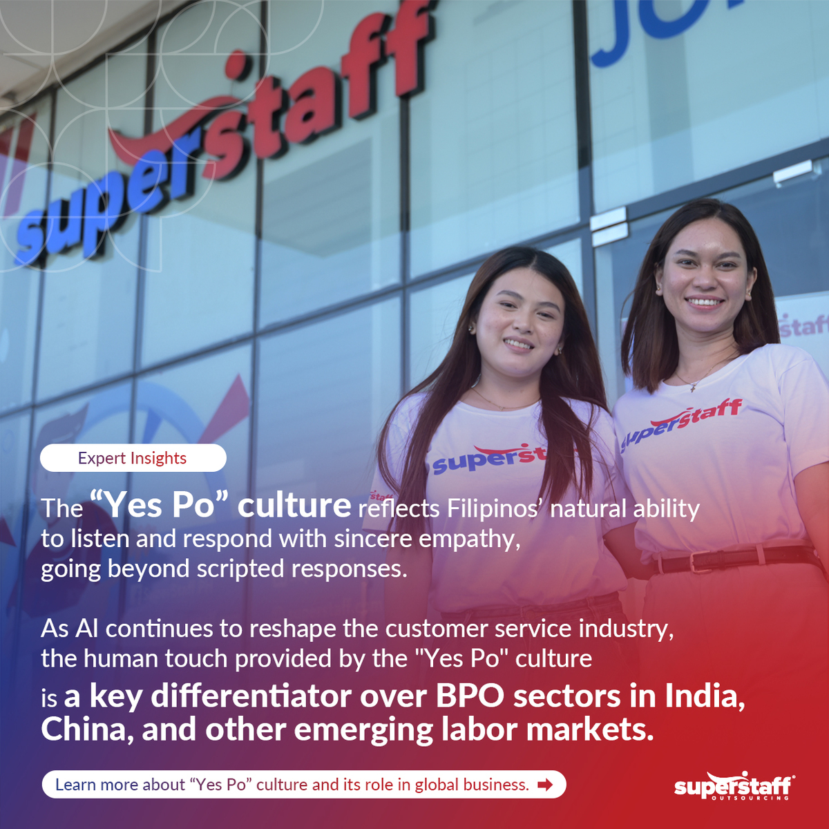 Two SuperStaff employees stand in from of the company's BPO Philippines office.