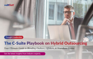 An executive is working. Image caption reads: The C-Suite Playbook on Hybrid Outsourcing.