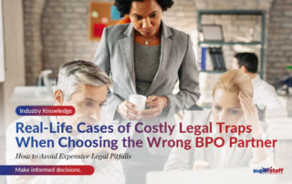 3 executives are in a meeting. Image caption reads: Real-Life Cases of Costly Legal Traps When Choosing the Wrong BPO Provider.