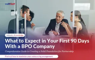 Executives meet inside a boardroom, discussing about what to expect in the first 90 days with a BPO company.