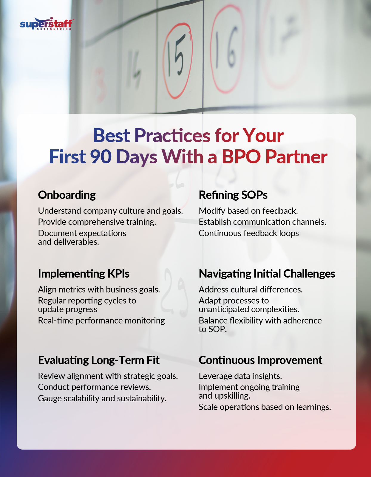 An infographic showing the best practices you must apply in the first 90 days of your partnership with a BPO company.