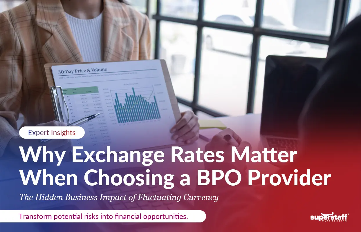 A chart of exchange rates in a laptop screen. Image caption reads: Why Exchange Rates Matter When Choosing a BPO Provider.