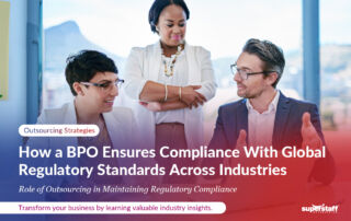 The image shows a modern office workspace with a diverse team of professionals collaborating, emphasizing streamlined processes and robust BPO compliance practices.