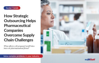 The image illustrates how pharmaceutical companies can tackle supply chain challenges through strategic outsourcing. It features a focused pharmacist examining a medication box in a well-organized pharmacy, symbolizing precision and attention to detail in pharmaceutical operations. The accompanying text emphasizes the growing complexity of supply chain challenges, such as tariff hikes and labor shortages, and highlights how outsourcing solutions can offer flexibility and efficiency. The visual underscores the industry’s need for innovative strategies to overcome disruptions and ensure continuous access to essential medications. By leveraging outsourcing, companies can address these challenges and maintain resilience in their supply chains.