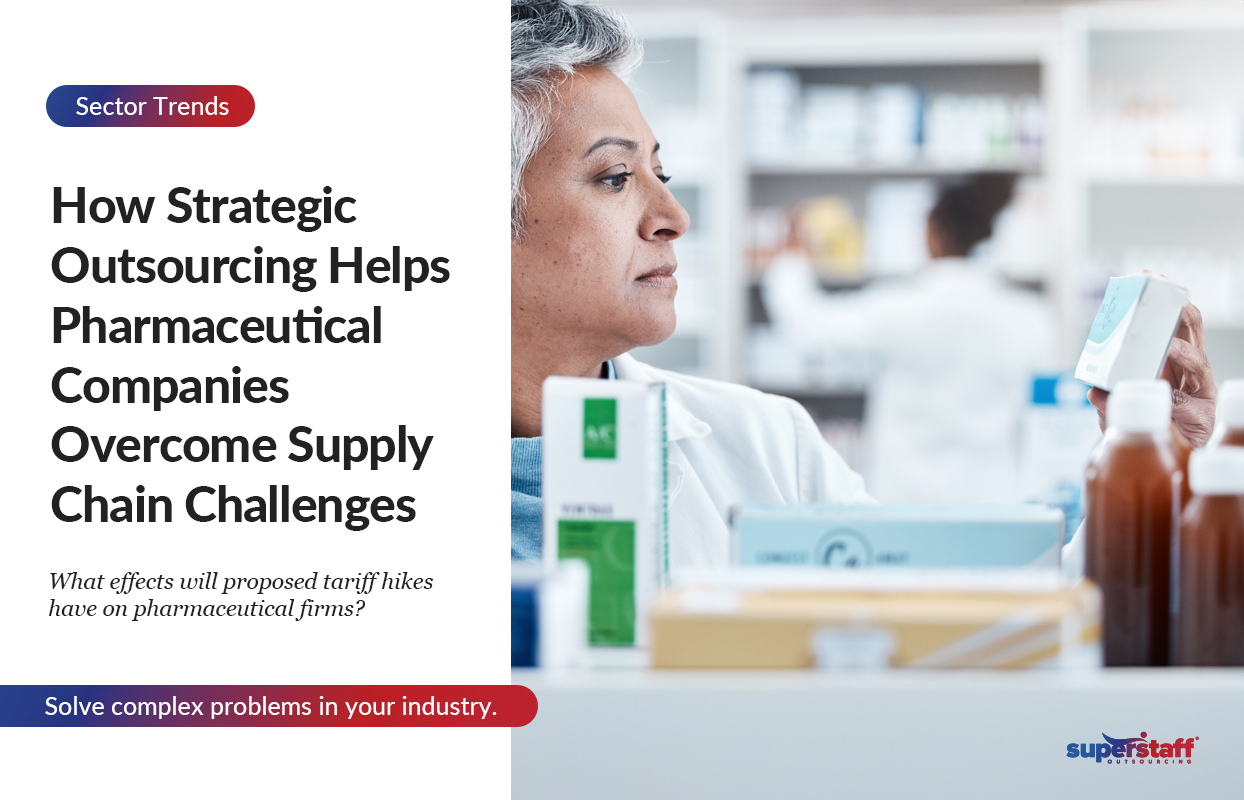 The image illustrates how pharmaceutical companies can tackle supply chain challenges through strategic outsourcing. It features a focused pharmacist examining a medication box in a well-organized pharmacy, symbolizing precision and attention to detail in pharmaceutical operations. The accompanying text emphasizes the growing complexity of supply chain challenges, such as tariff hikes and labor shortages, and highlights how outsourcing solutions can offer flexibility and efficiency. The visual underscores the industry’s need for innovative strategies to overcome disruptions and ensure continuous access to essential medications. By leveraging outsourcing, companies can address these challenges and maintain resilience in their supply chains.