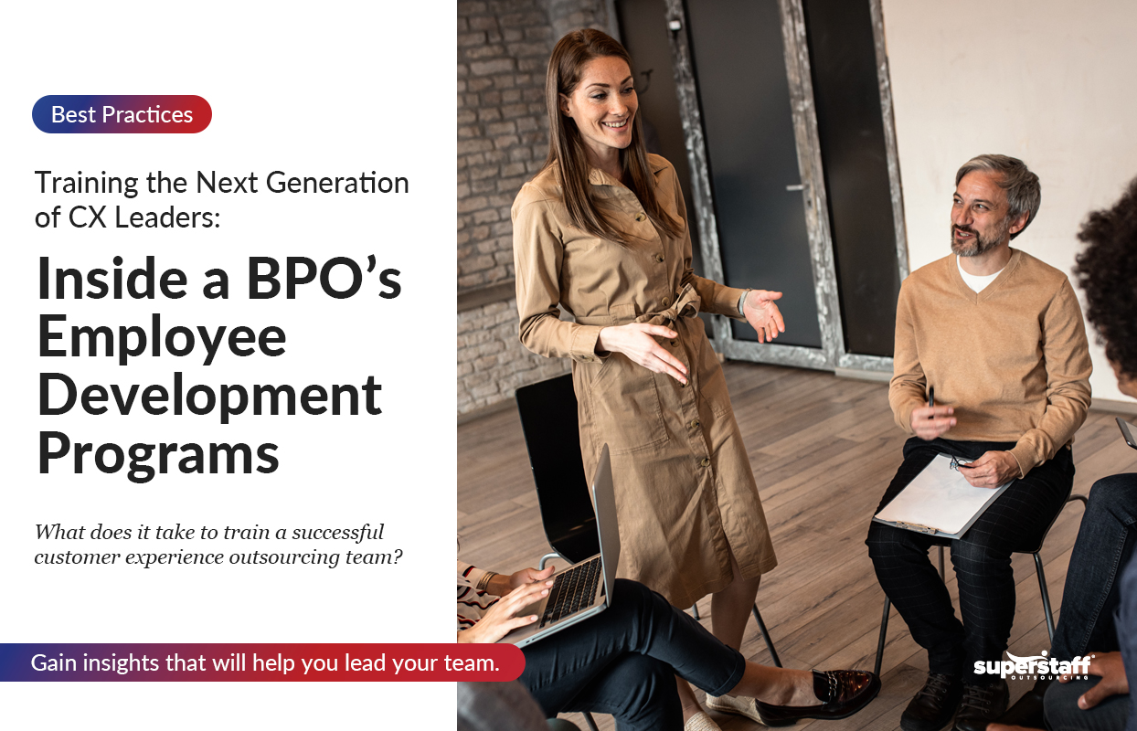 A collaborative training session features a confident female presenter addressing a small group of engaged professionals seated in a modern workspace. The presenter smiles while gesturing, creating a friendly and interactive atmosphere. Overlay text reads: "Training the Next Generation of CX Leaders: Inside a BPO’s Employee Development Programs," followed by the question, "What does it take to train a successful customer experience outsourcing team?" The tagline at the bottom emphasizes gaining actionable insights for leading CX teams effectively. The image highlights a professional and people-focused approach to Customer Experience Outsourcing.