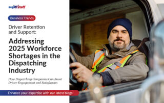 A professional truck driver seated in his vehicle, wearing a reflective safety vest and a navy beanie, symbolizes the critical role of dispatching companies in addressing workforce shortages. The image complements a feature on driver engagement and satisfaction in the dispatching industry for 2025.