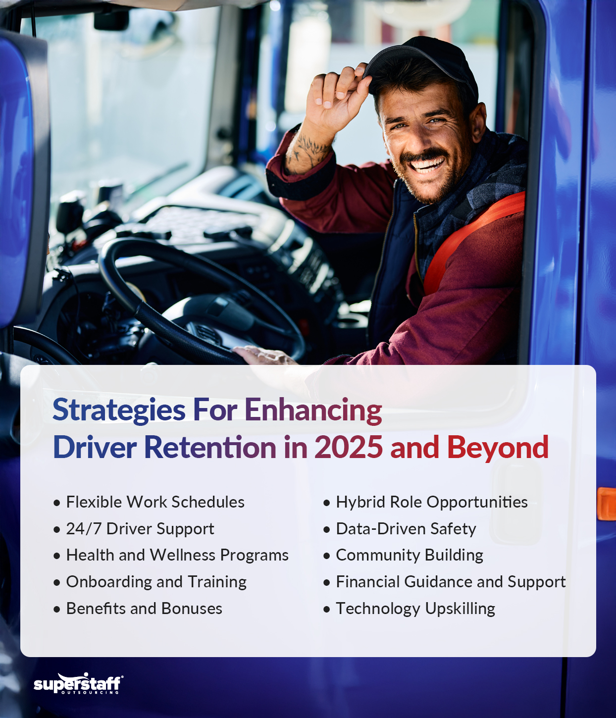 An infographic showing strategies to enhance driver retention for dispatching companies in 2025.