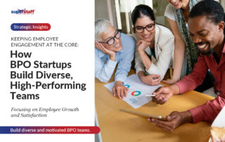 The image features a diverse group of professionals gathered around a table, actively engaged in discussion. The text highlights how BPO startups prioritize employee engagement to build high-performing teams, emphasizing growth, diversity, and satisfaction.