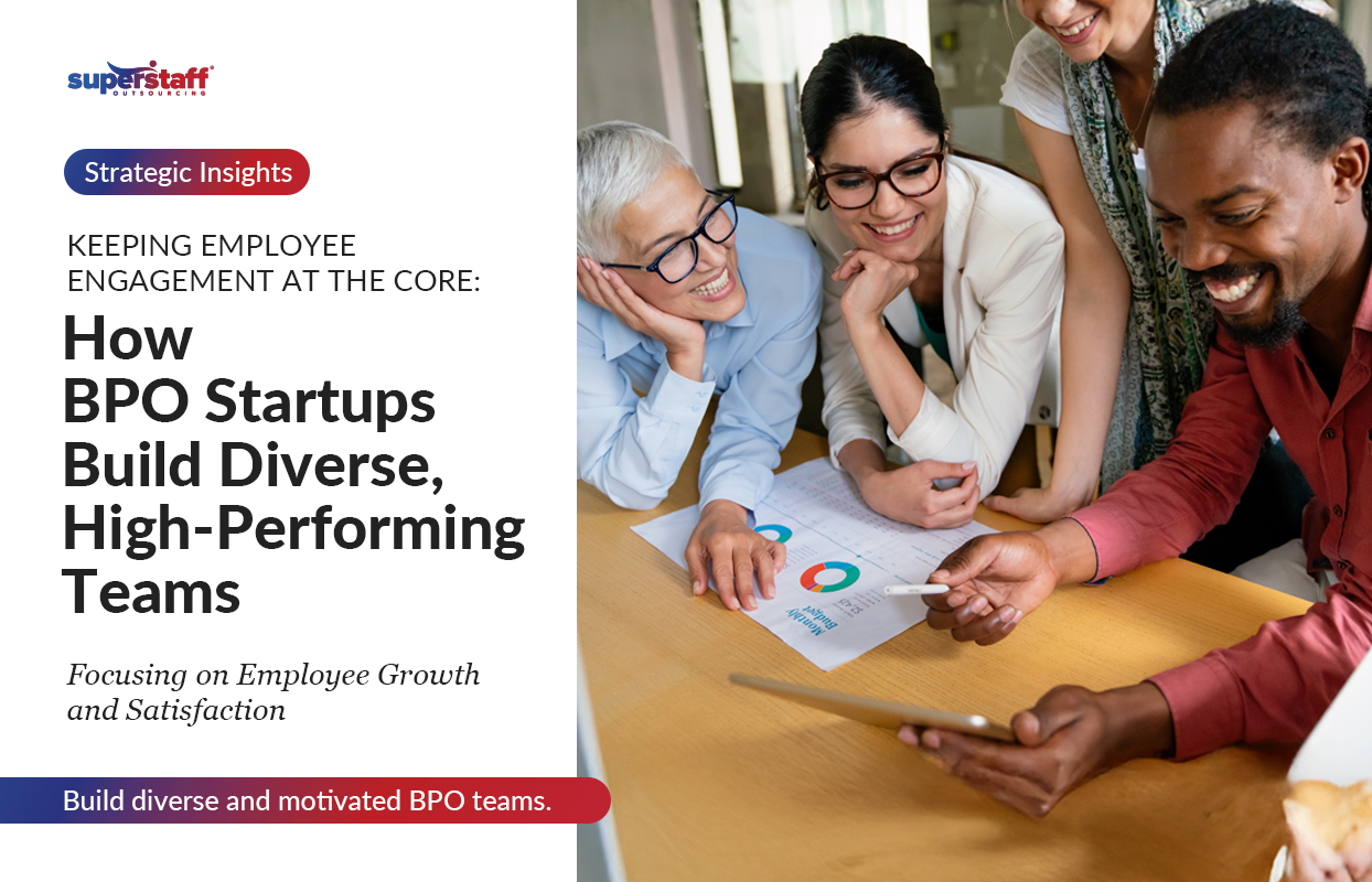 The image features a diverse group of professionals gathered around a table, actively engaged in discussion. The text highlights how BPO startups prioritize employee engagement to build high-performing teams, emphasizing growth, diversity, and satisfaction.