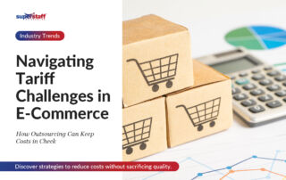 The image emphasizes how e-commerce outsourcing can help businesses navigate tariff-related challenges and optimize operations effectively.