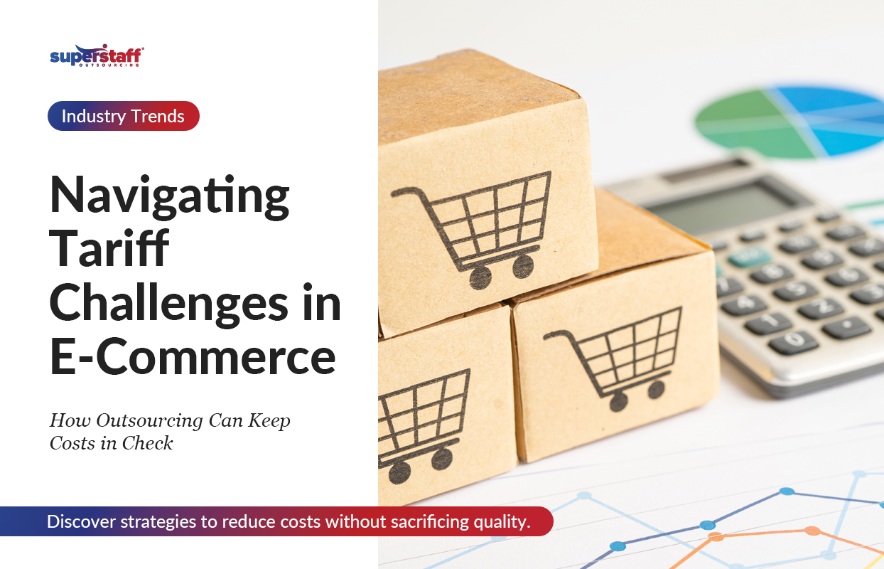 The image emphasizes how e-commerce outsourcing can help businesses navigate tariff-related challenges and optimize operations effectively.