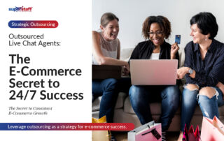 A group of three diverse women sitting on a couch, happily shopping online using a laptop. One woman holds a credit card while the others smile and discuss their purchases. The text overlay reads: "Outsourced Live Chat Agents: The E-Commerce Secret to 24/7 Success," emphasizing the benefits of outsourcing for consistent e-commerce growth.